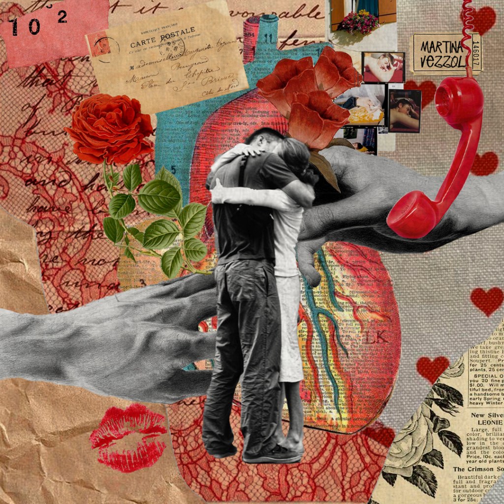 Collage personalizzato con elementi romantici e texture materiche, perfetto come regalo speciale – artwork firmato Martina Vezzoli